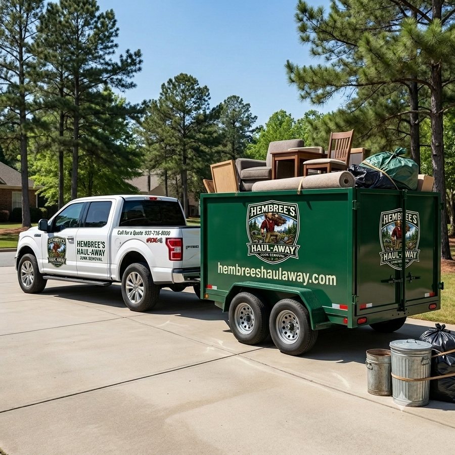 Hembree's Haul-Away branded truck and trailer loaded for a job in Newnan, GA